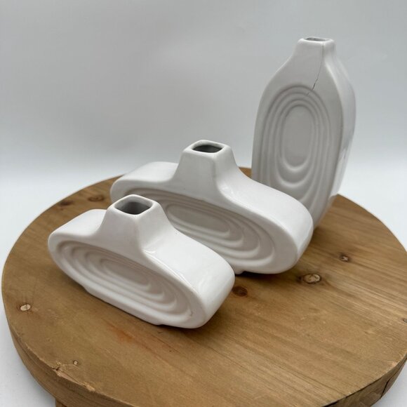 3 Vintage MCM Art Deco Oval Repeating Ring Bud Vases Marked Bottom White *READ* - Picture 5 of 16
